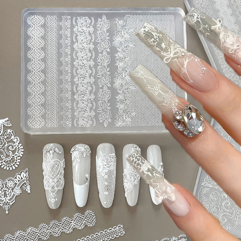 Resin Art Template - 1pc レース 3D シリコーンネイルモールドシリコーンローズフラワー彫刻レースネイルアート樹脂モールド透明テンプレートアクセサリー用 Su