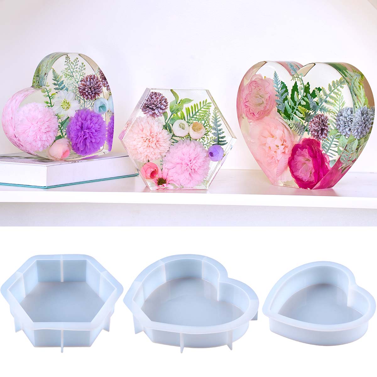 Resin Art Kit With Molds - 大型愛シリコンモールド DIY ハート六角形エポキシ樹脂モールド花保存ブックエンド装飾品クラフト鋳造金型