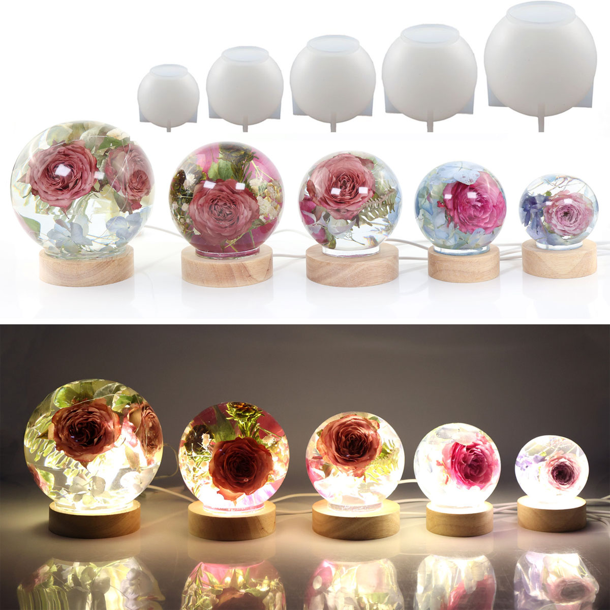 Resin Art Kit With Molds - 65-120mm球体シリコンモールド、ドライフラワー球体、レジンクラフト、DIYジュエリー製作、キャスティングエポキシ樹脂モールド用