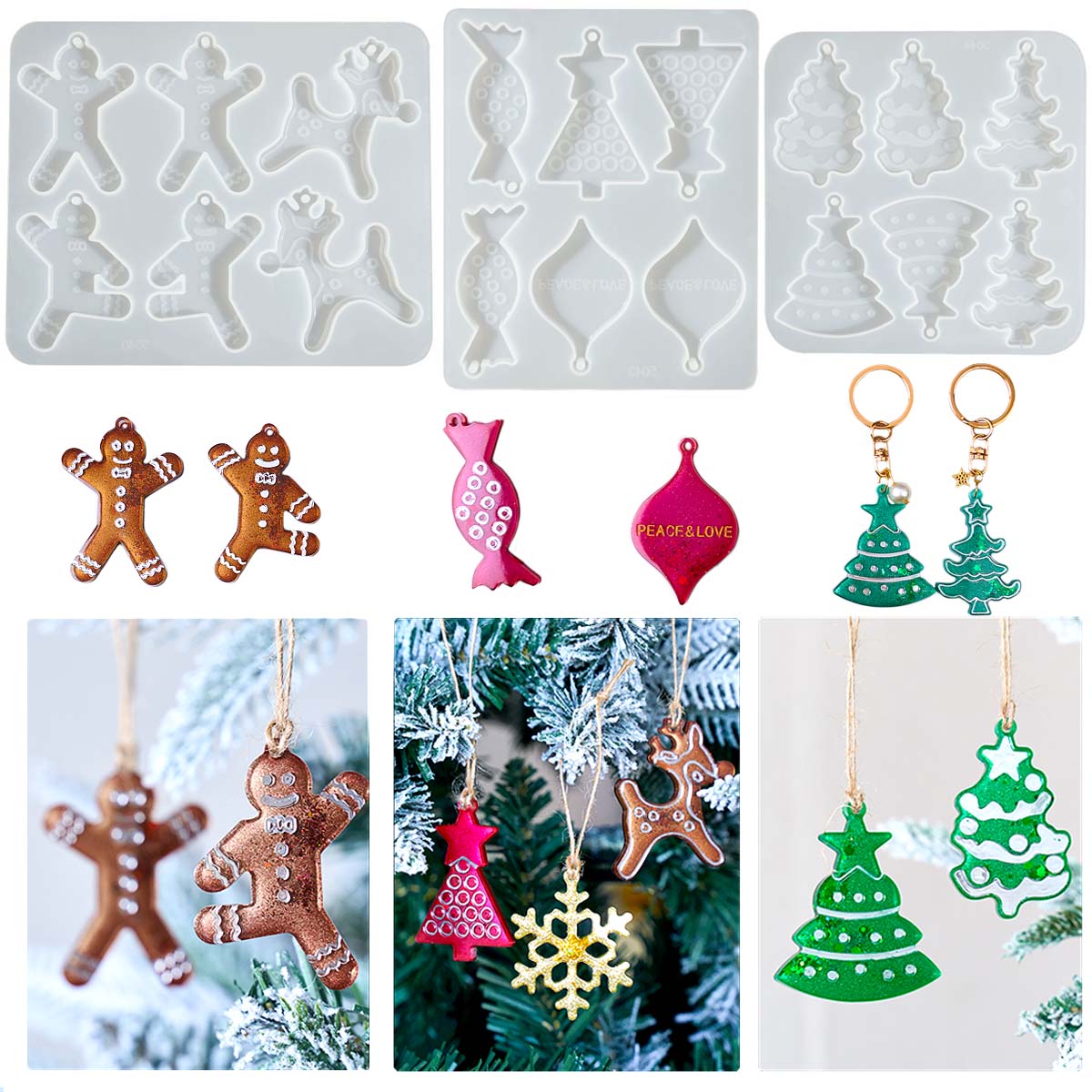 Resin Art Kit With Molds - クリスマスシリーズイヤリングペンダントシリコンモールド DIY ジンジャーブレッドマンエルクスノーフレークジュエリーキーホルダー型エポキシ樹脂クラフトマキン