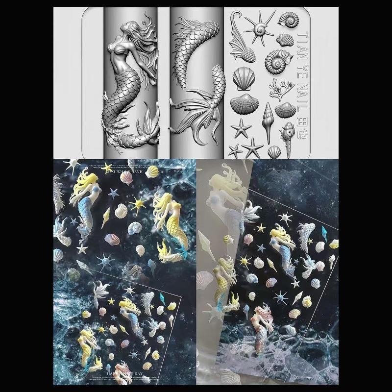 Resin Art Template - 3D ソフトシリコーンネイルオーシャンマーメイドテンプレートネイルアートモールド金魚鯉ボタン彫刻漫画テンプレートネイル DIY アクセサリー