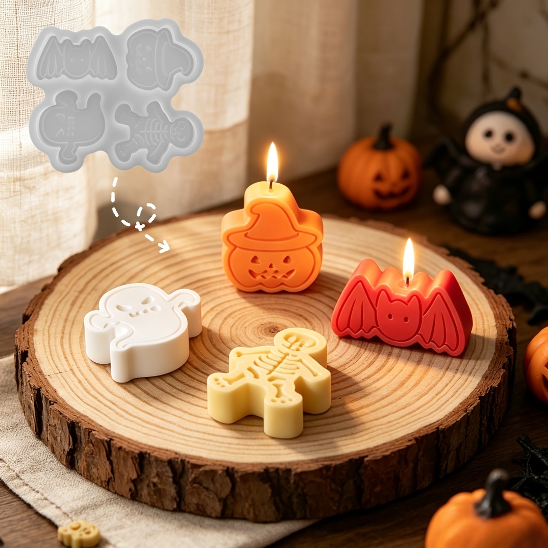 Resin Art Kit With Molds - 4つの空洞を持つシリコン樹脂型セット。DIY粘土の幽霊、カボチャ、コウモリ、スカルキャンドル、ホリデークラフト用の石膏オーナメントに。