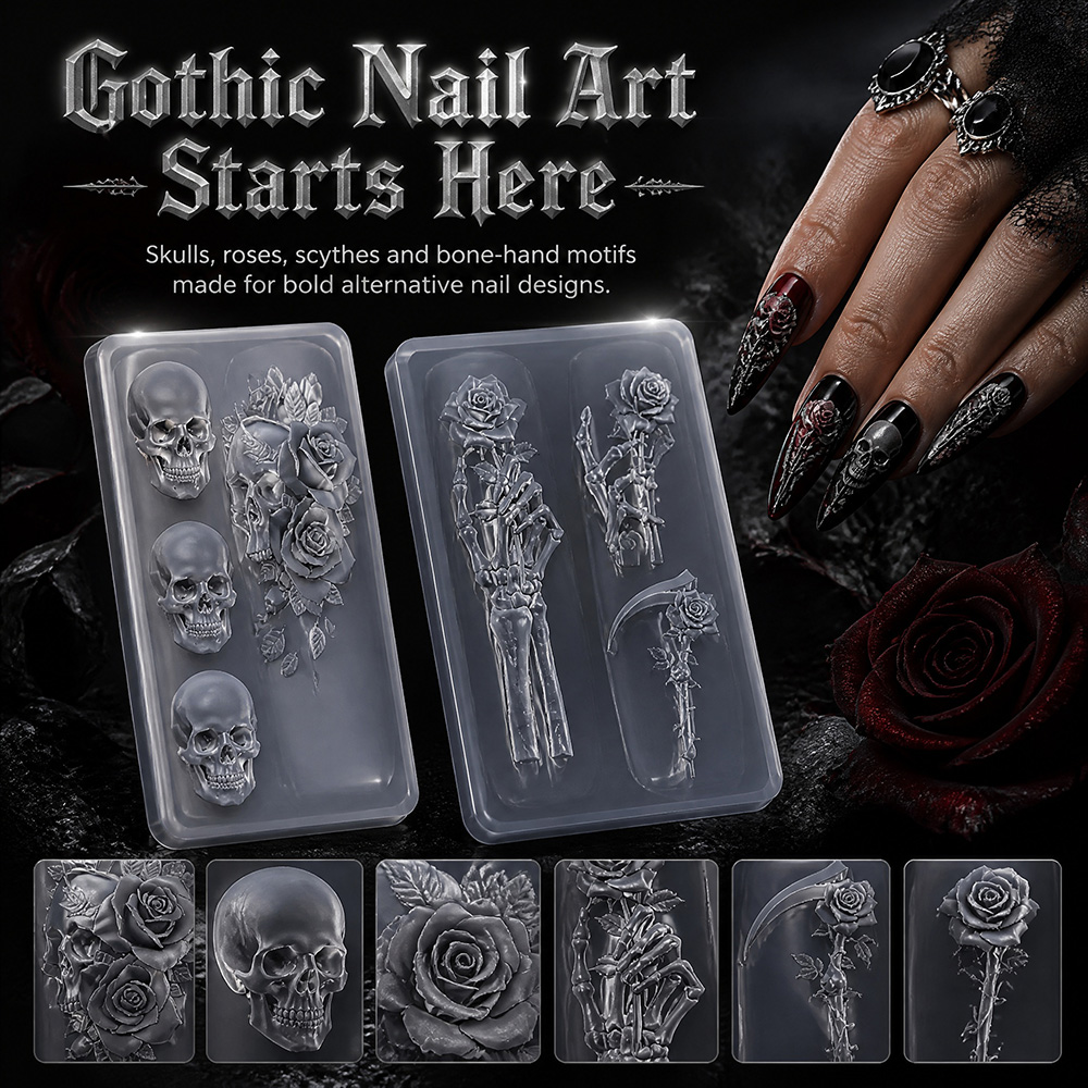 2個セット ダークローズスカル シリコンネイルアートモールド - Resin Art Template のレビューと価格