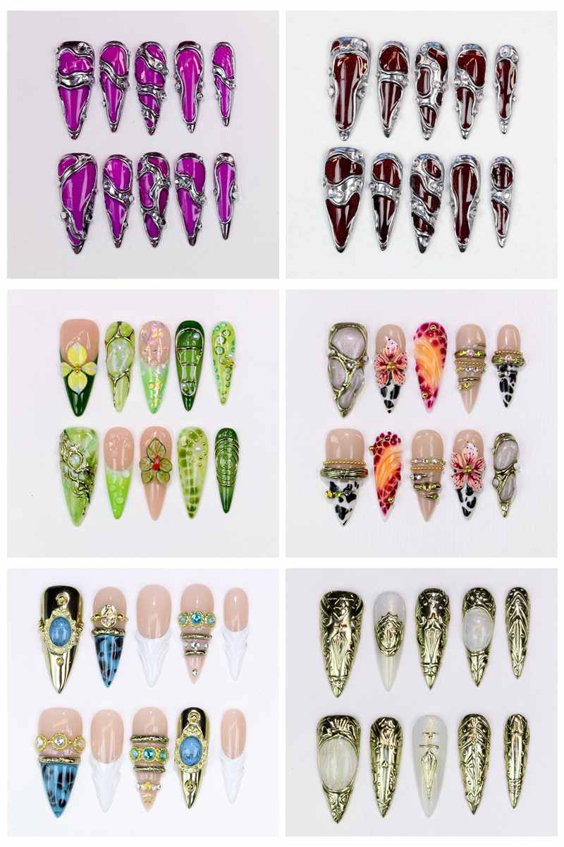 10枚入りロングスティレットつけ爪 グロッシーな手描きの紫の - Resin Art Of Flowers のレビューと価格